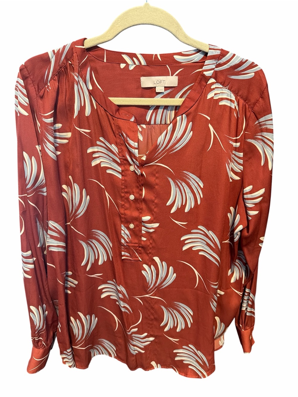 LOFT Rust Red Floral Palm Print Henley Blouse Long Sleeve - Size XL